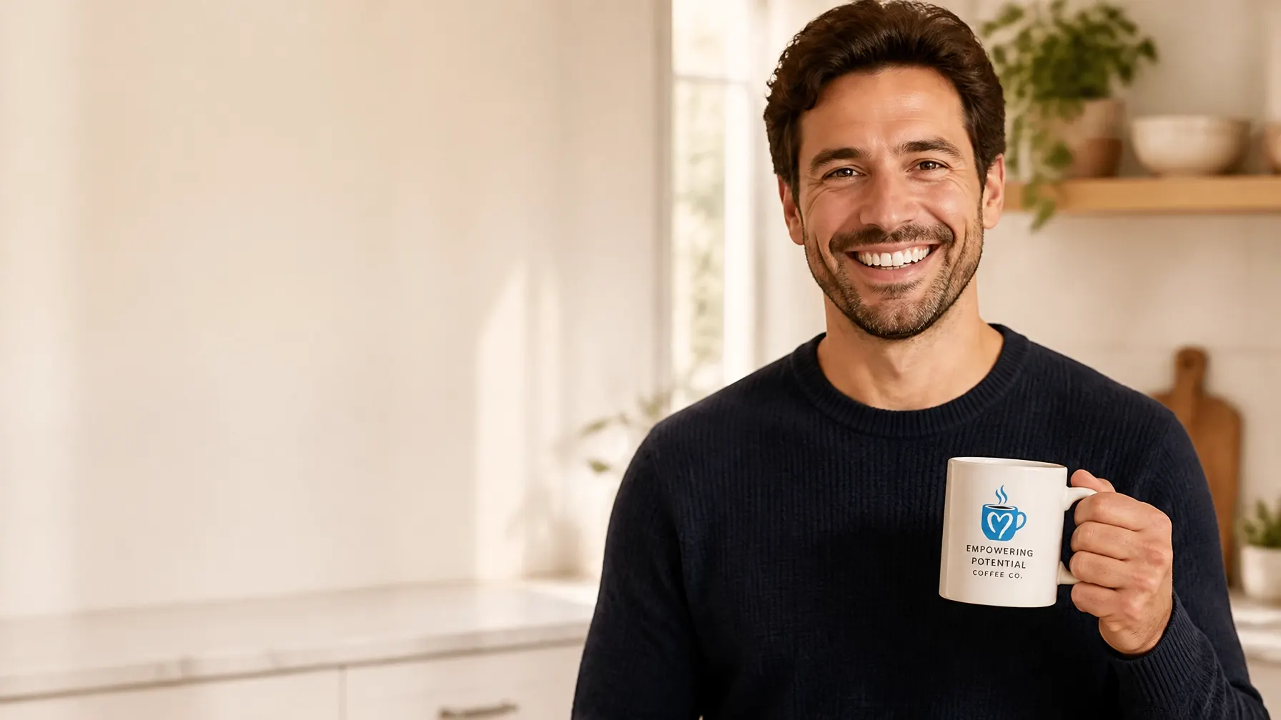 Smiling man enjoying coffee from an Empowering Potential Coffee Co. branded mug in a bright kitchen