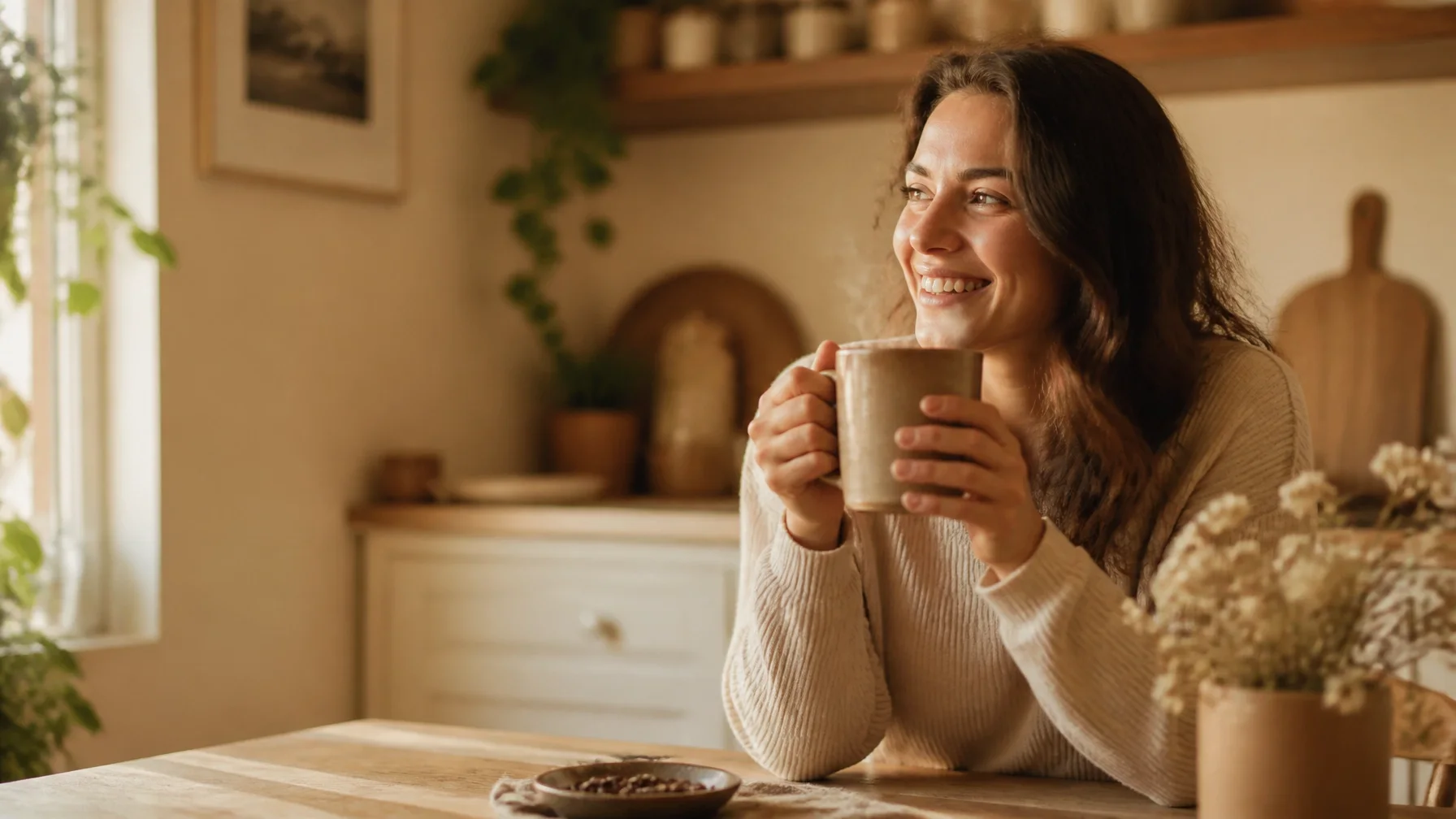 Smiling person enjoying a warm cup of coffee in a sunlit home